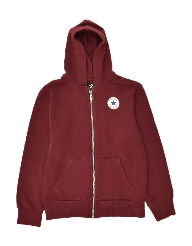 men's stylish turtleneck sweaters -CONVERSE Boys Graphic Zip Hoodie Sweater 10-11 Years Medium Maroon Cotton