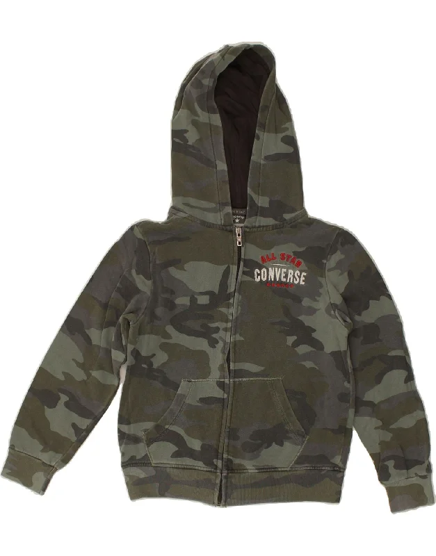 men's performance knit sweaters -CONVERSE Boys Graphic Zip Hoodie Sweater 9-10 Years Grey Camouflage Cotton