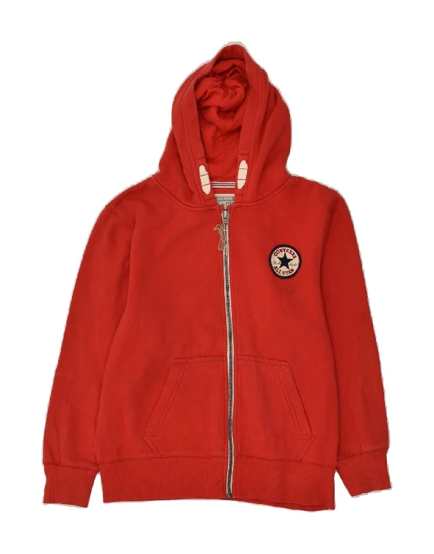 men's luxurious sweaters -CONVERSE Boys Zip Hoodie Sweater 10-11 Years Medium Red Cotton