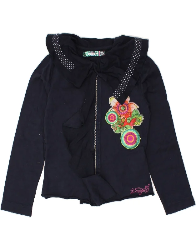 men's thick knit sweaters -DESIGUAL Girls Cardigan Sweater 11-12 Years Navy Blue Floral Cotton