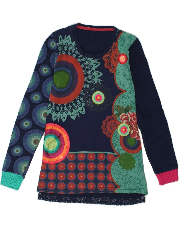 men's soft cashmere sweaters -DESIGUAL Girls Graphic Crew Neck Jumper Sweater 13-14 Years Navy Blue