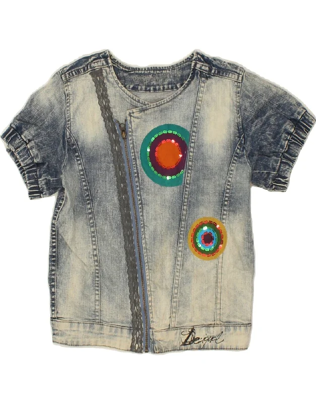 men's stylish leather jackets -DESIGUAL Girls Graphic Short Sleeve Denim Jacket 13-14 Years Blue Floral