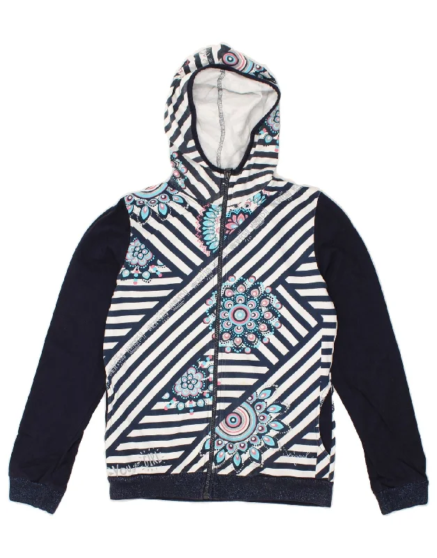 men's cardigan sweaters -DESIGUAL Girls Graphic Zip Hoodie Sweater 13-14 Years Navy Blue Floral