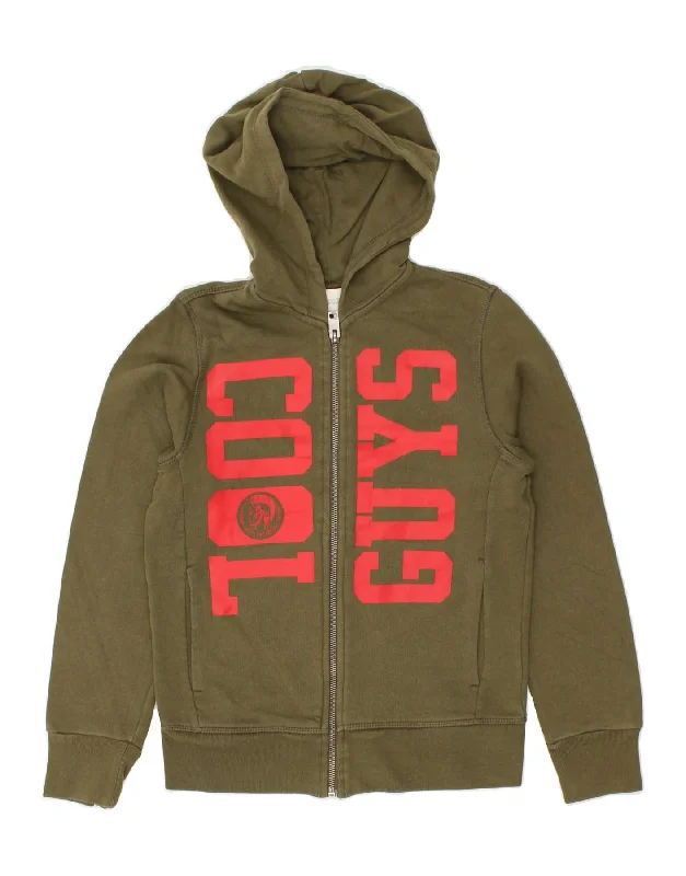 men's versatile sweaters -DIESEL Boys Graphic Zip Hoodie Sweater 9-10 Years Khaki Cotton