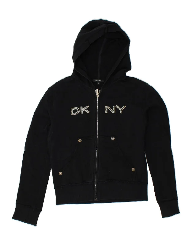 men's elegant wool sweaters -DKNY Girls Crop Graphic Zip Hoodie Sweater 15-16 Years Black Cotton