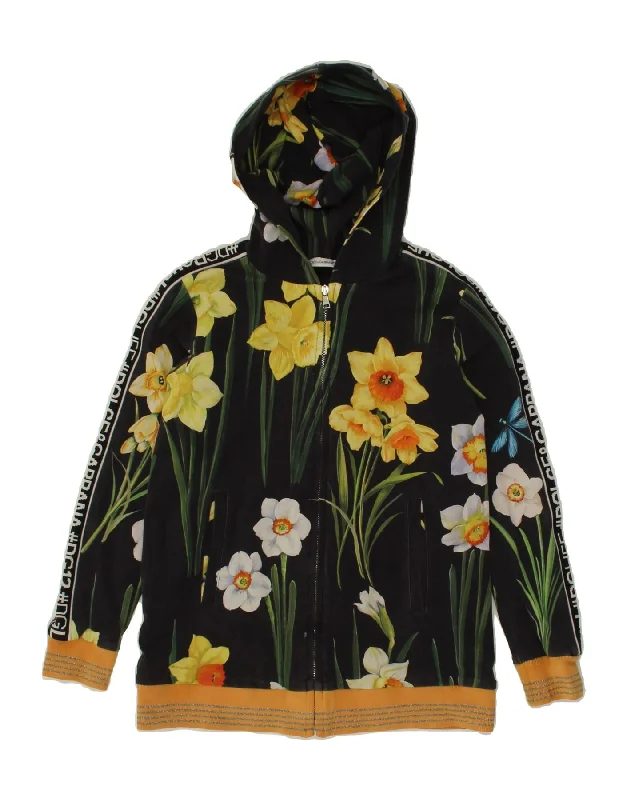 men's casual knit sweaters -DOLCE & GABBANA Girls Graphic Zip Hoodie Sweater 8-9 Years Black Floral