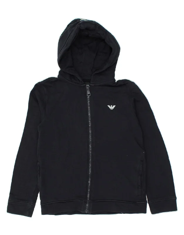 men's sweater for cold weather -EMPORIO ARMANI Boys Graphic Zip Hoodie Sweater 9-10 Years Navy Blue Cotton