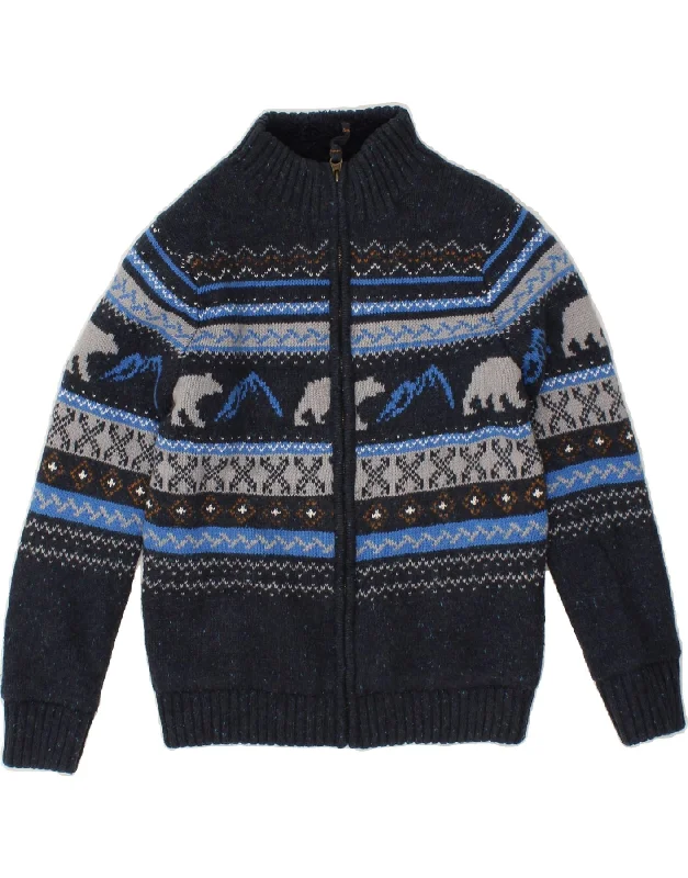 men's stylish outdoor jackets -FAT FACE Boys Knit Bomber Jacket 8-9 Years Navy Blue Fair Isle Cotton