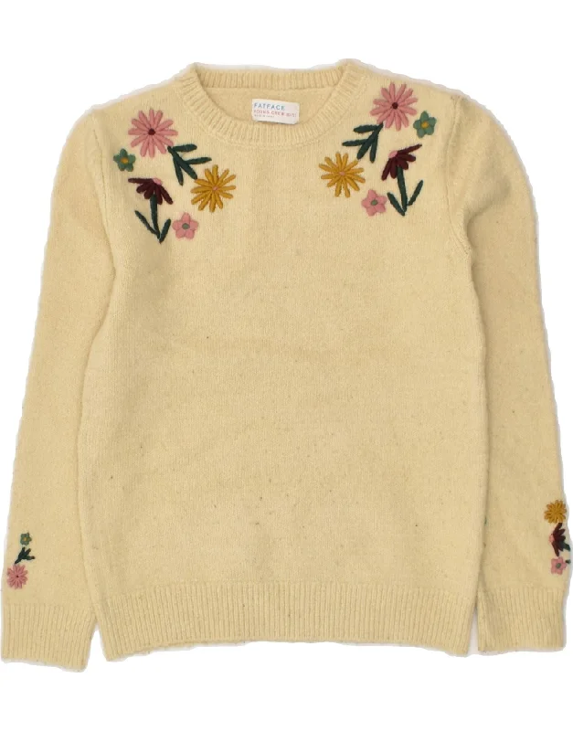 men's casual knit sweaters -FAT FACE Girls Crew Neck Jumper Sweater 10-11 Years Beige Floral Acrylic