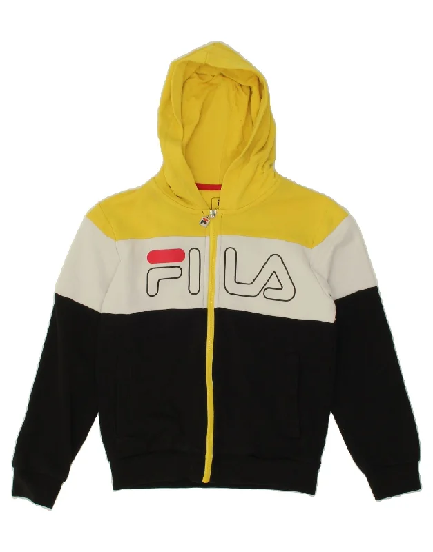 men's textured sweaters -FILA Boys Graphic Zip Hoodie Sweater 7-8 Years Yellow Colourblock Cotton