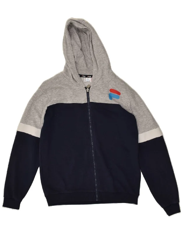 men's stylish cardigans -FILA Boys Zip Hoodie Sweater 13-14 Years Navy Blue Colourblock Cotton