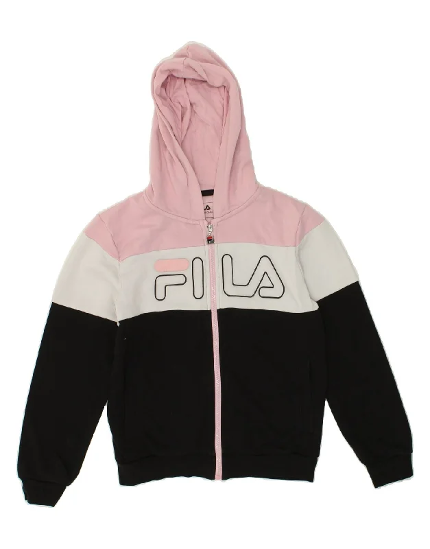 men's cashmere blend sweaters -FILA Girls Graphic Zip Hoodie Sweater 9-10 Years Black Colourblock Cotton