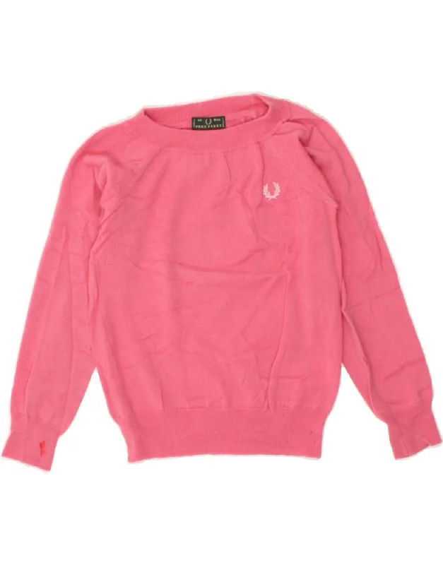 men's stylish turtleneck sweaters -FRED PERRY Girls Boat Neck Jumper Sweater 7-8 Years Pink Merino Wool