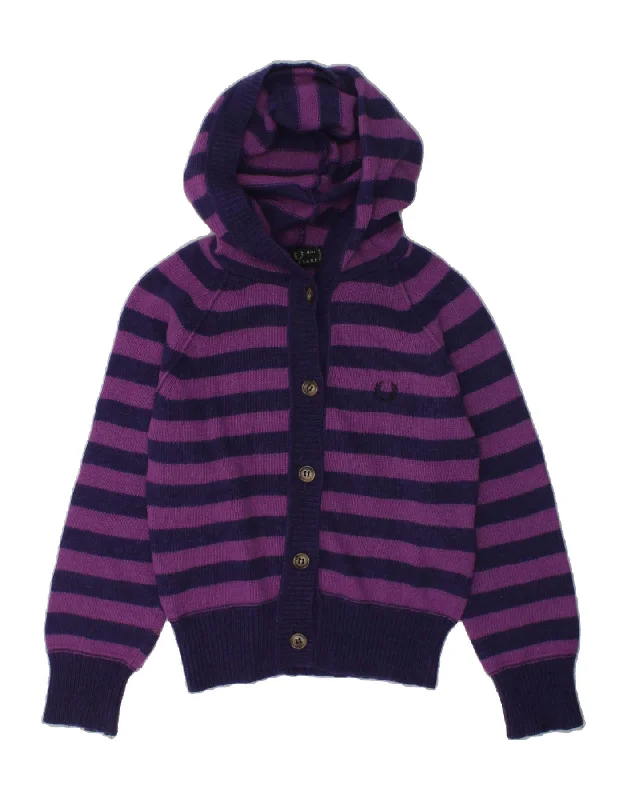 men's striped sweaters -FRED PERRY Girls Hooded Cardigan Sweater 3-4 Years Purple Striped