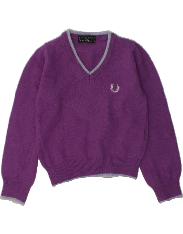 men's casual knit sweaters -FRED PERRY Girls V-Neck Jumper Sweater 3-4 Years Purple Merino Wool