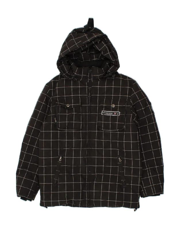 men's high-performance jackets -GEOX Boys Hooded Rain Jacket 11-12 Years Black Check Polyester