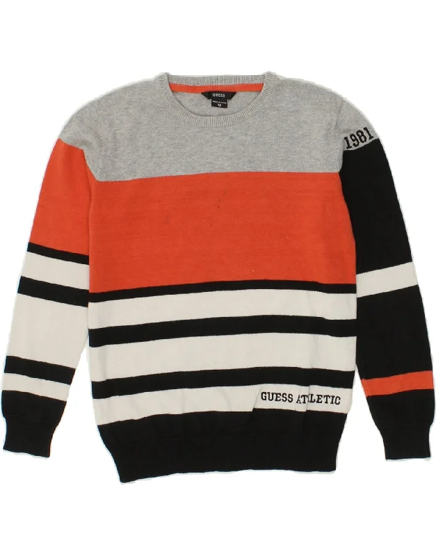 men's knitted pullover sweaters -GUESS Boys Graphic Crew Neck Jumper Sweater 11-12 Years Grey Colourblock