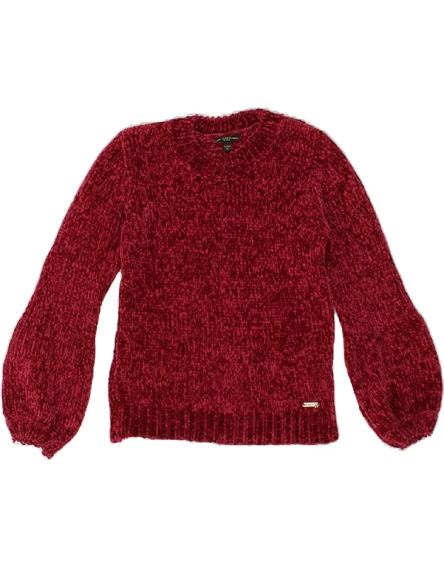 men's stylish cardigans -GUESS Girls Crew Neck Jumper Sweater 9-10 Years Burgundy Flecked Cotton