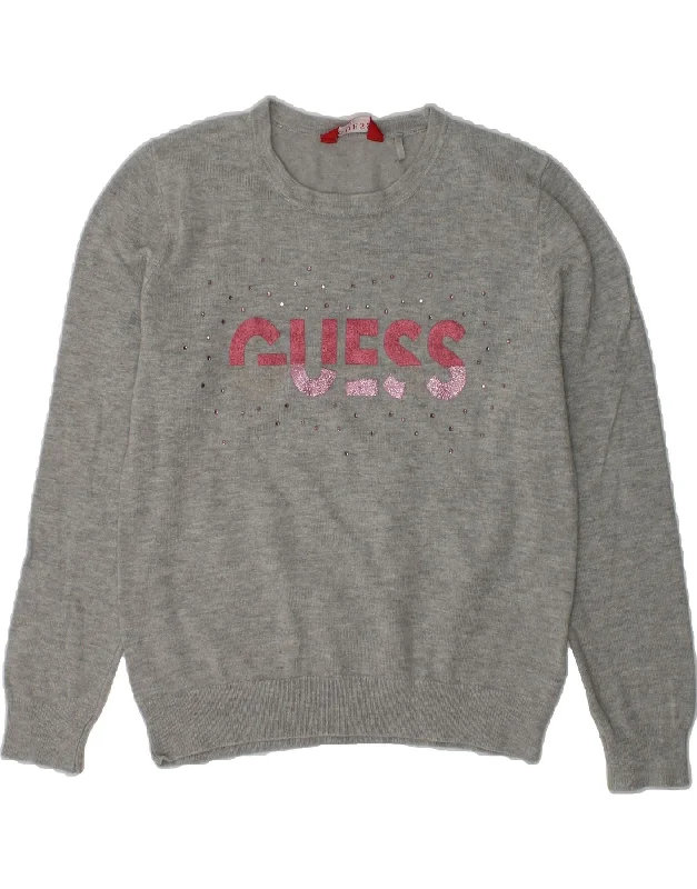 men's crewneck sweaters -GUESS Girls Graphic Crew Neck Jumper Sweater 6-7 Years Grey Viscose