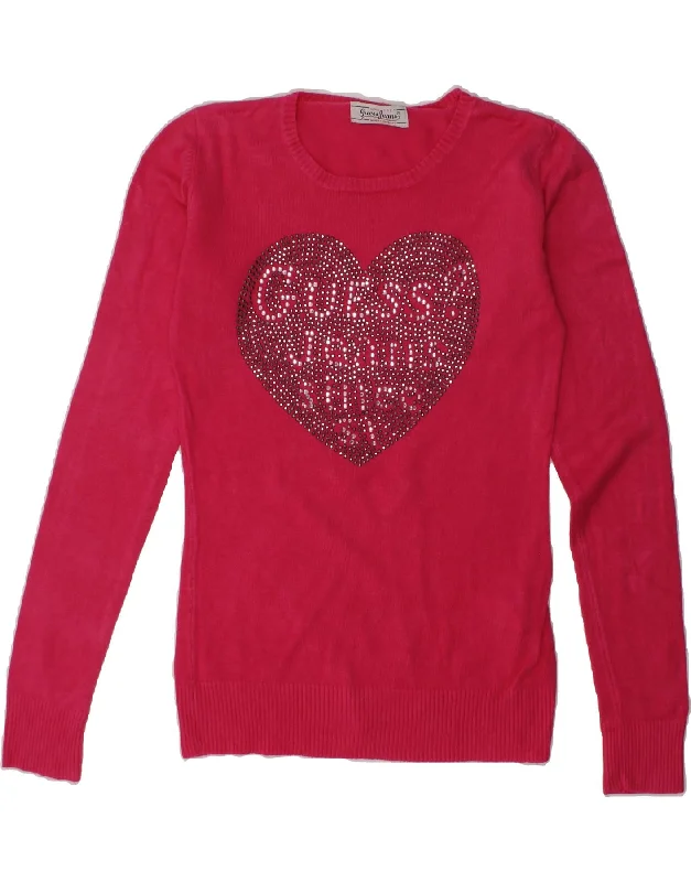 men's knitted sweaters -GUESS Girls Graphic Crew Neck Jumper Sweater 9-10 Years Pink Geometric