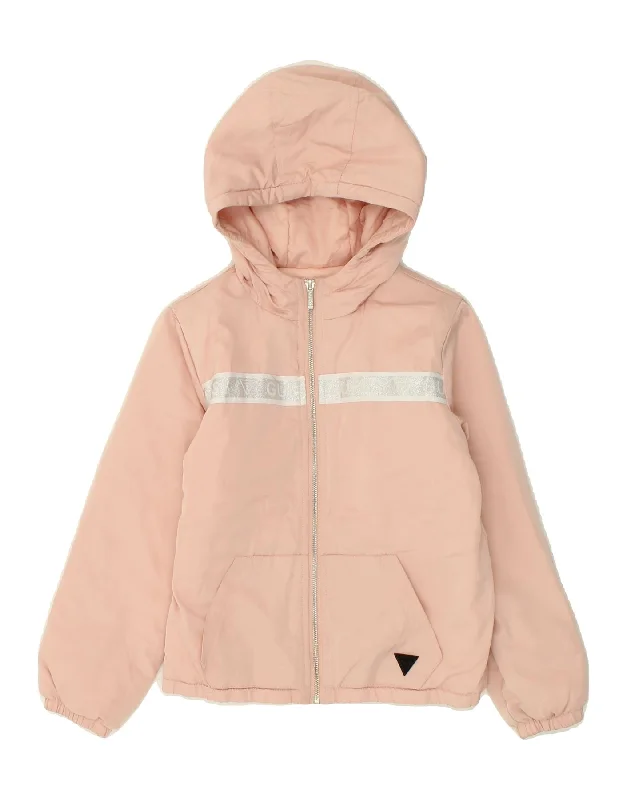 men's modern jacket styles -GUESS Girls Graphic Hooded Bomber Jacket 9-10 Years Pink Polyester