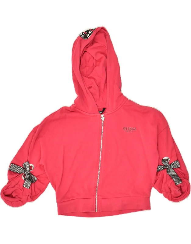 men's breathable sweaters -GUESS Girls Graphic Zip Hoodie Sweater 7-8 Years Pink Cotton