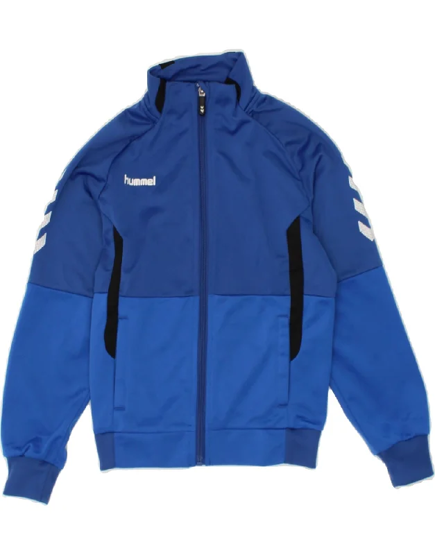 men's outdoor jacket for hiking -HUMMEL Boys Tracksuit Top Jacket 7-8 Years Blue Colourblock Polyester