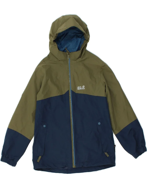 men's wool jackets -JACK WOLFSKIN Boys Hooded Rain Jacket 9-10 Years Navy Blue Colourblock