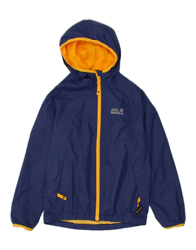 men's long sleeve jackets -JACK WOLFSKIN Boys Hooded Rain Jacket 9-10 Years Navy Blue Polyamide