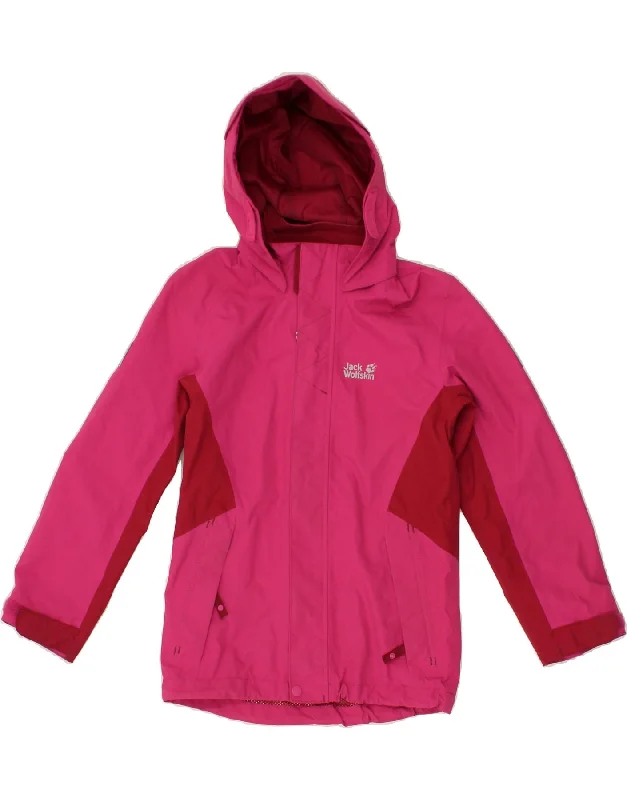 men's coat jackets -JACK WOLFSKIN Girls Graphic Hooded Rain Jacket 7-8 Years Pink Colourblock