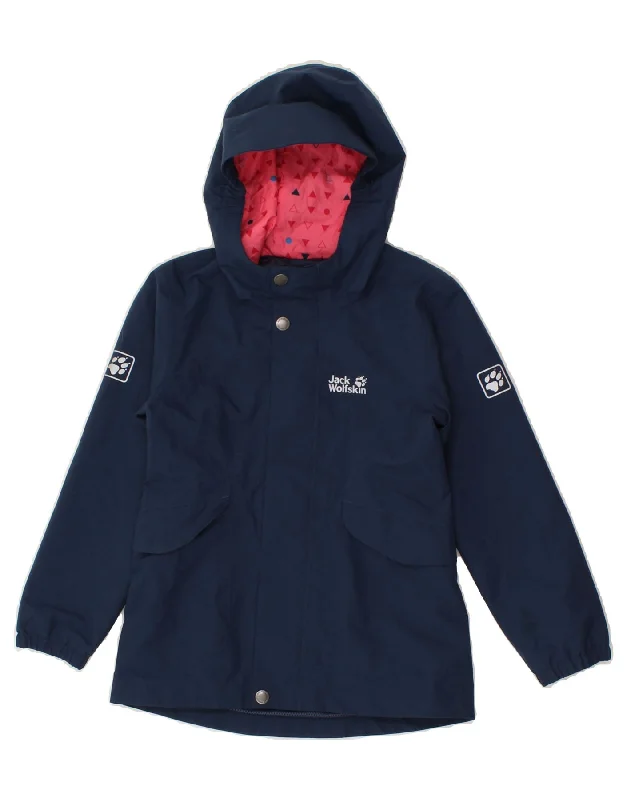 men's varsity jackets -JACK WOLFSKIN Girls Hooded Rain Jacket 5-6 Years Navy Blue Polyester