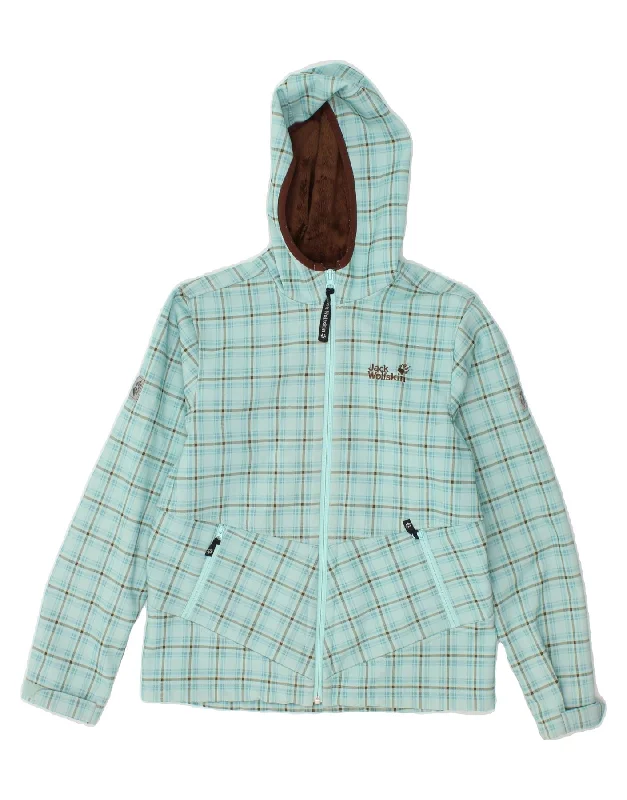 men's padded jackets -JACK WOLFSKIN Girls Hooded Windbreaker Jacket 11-12 Years Blue Check