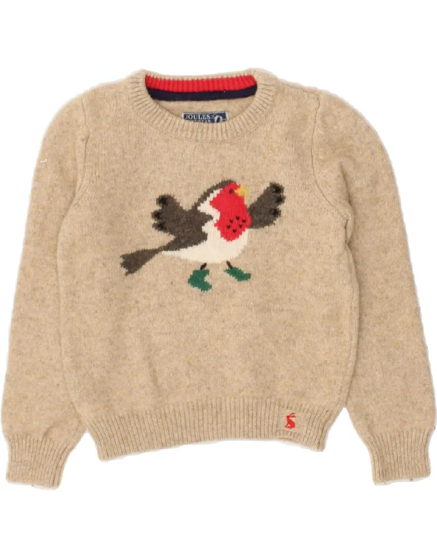 men's wool sweaters -JOULES Girls Graphic Crew Neck Jumper Sweater 7-8 Years Beige Wool