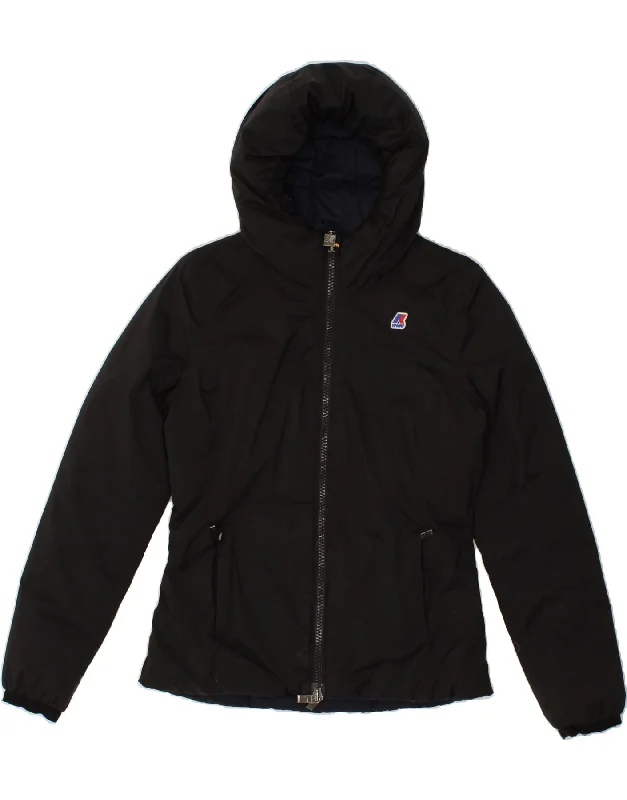 men's heavy-duty jackets -K-WAY Girls Hooded Reversible Padded Jacket 7-8 Years Black Polyester