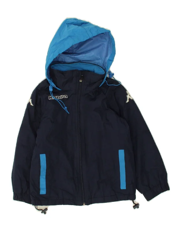 men's denim jackets -KAPPA Boys Graphic Hooded Windbreaker Jacket 5-6 Years Navy Blue Polyester