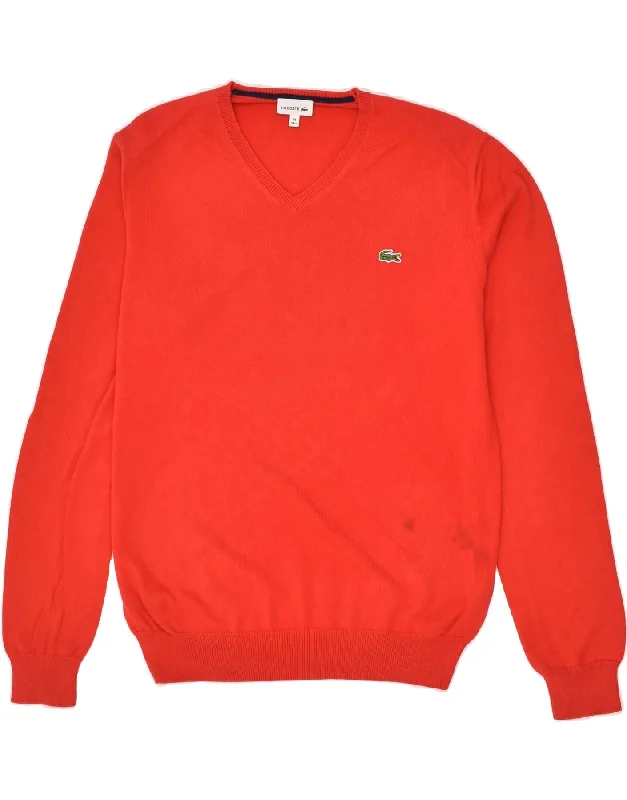 men's casual sweaters -LACOSTE Boys V-Neck Jumper Sweater 13-14 Years Red Cotton