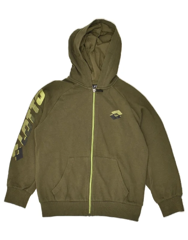 men's sweater for office -LOTTO Boys Graphic Zip Hoodie Sweater 8-9 Years Small Khaki Cotton