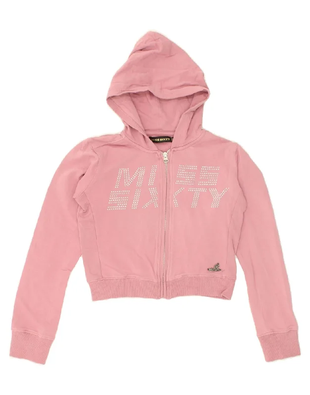 men's sweater for office -MISS SIXTY Girls Crop Graphic Zip Hoodie Sweater 11-12 Years Pink Cotton