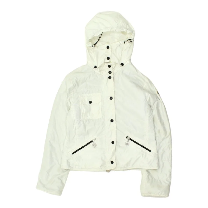 men's travel jackets -Moncler Boys White Hooded Nylon Jacket | Vintage High End Designer Coat VTG