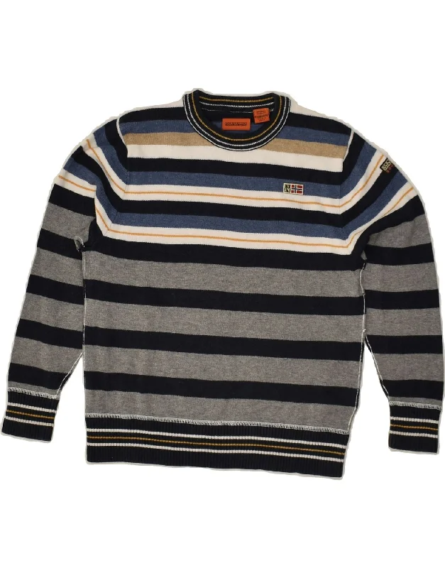 men's chunky knit sweaters -NAPAPIJRI Boys Crew Neck Jumper Sweater 7-8 Years Grey Striped Cotton