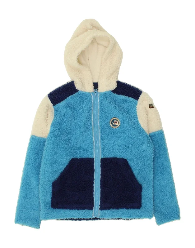 men's waterproof jackets -NAPAPIJRI Boys Graphic Hooded Fleece Jacket 9-10 Years Blue Colourblock