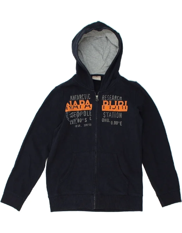 men's performance sweaters -NAPAPIJRI Boys Graphic Zip Hoodie Sweater 11-12 Years Navy Blue Cotton