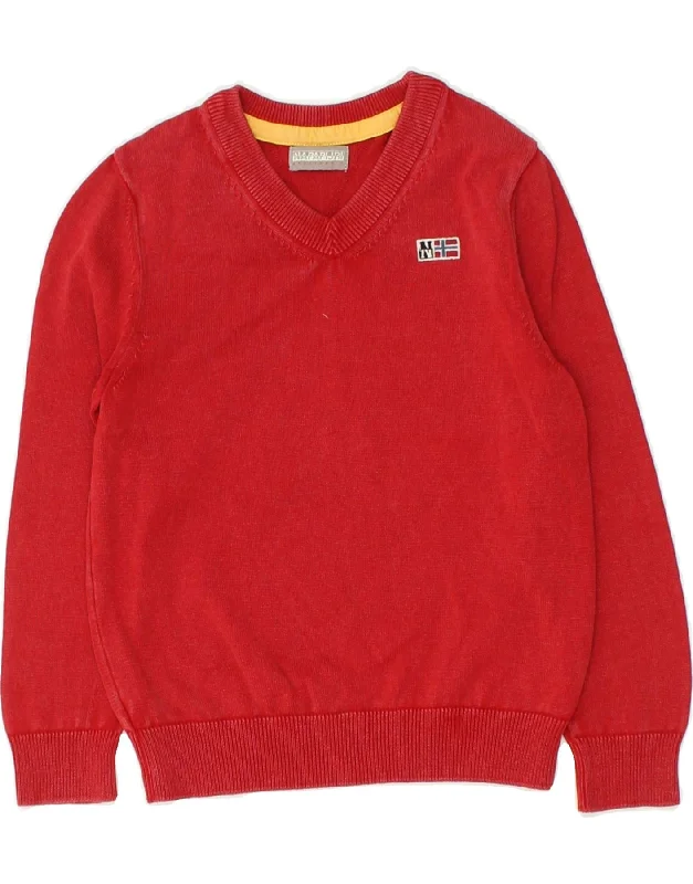 men's soft knit sweaters -NAPAPIJRI Boys V-Neck Jumper Sweater 5-6 Years Red Cotton