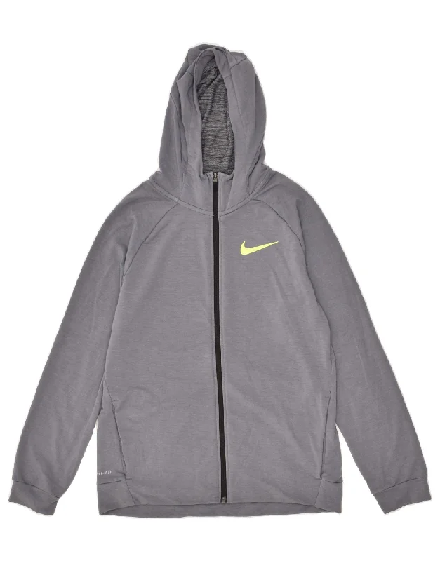 men's ribbed sweaters -NIKE Boys Dri Fit Graphic Zip Hoodie Sweater 13-14 Years XL Grey Viscose