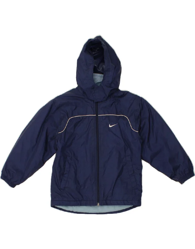 men's zip-up fleece jackets -NIKE Boys Graphic Hooded Rain Jacket 5-6 Years Medium Navy Blue Polyester