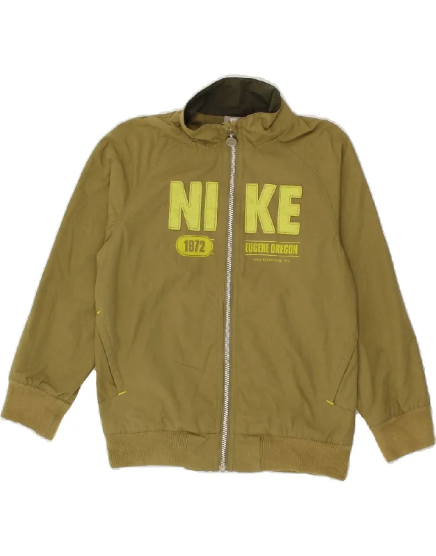 men's down jackets -NIKE Boys Graphic Tracksuit Top Jacket 6-7 Years Large  Khaki Polyester