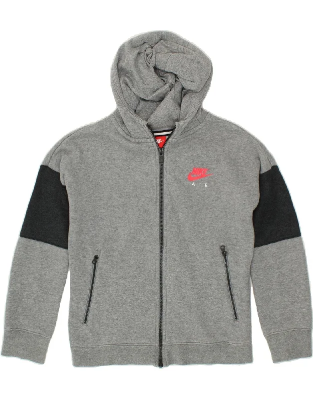 men's breathable cotton sweaters -NIKE Boys Graphic Zip Hoodie Sweater 10-11 Years Medium Grey Colourblock