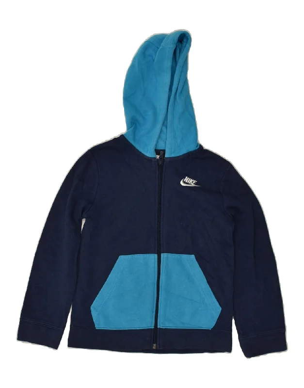 men's soft cashmere sweaters -NIKE Boys Graphic Zip Hoodie Sweater 7-8 Years XS  Navy Blue Colourblock