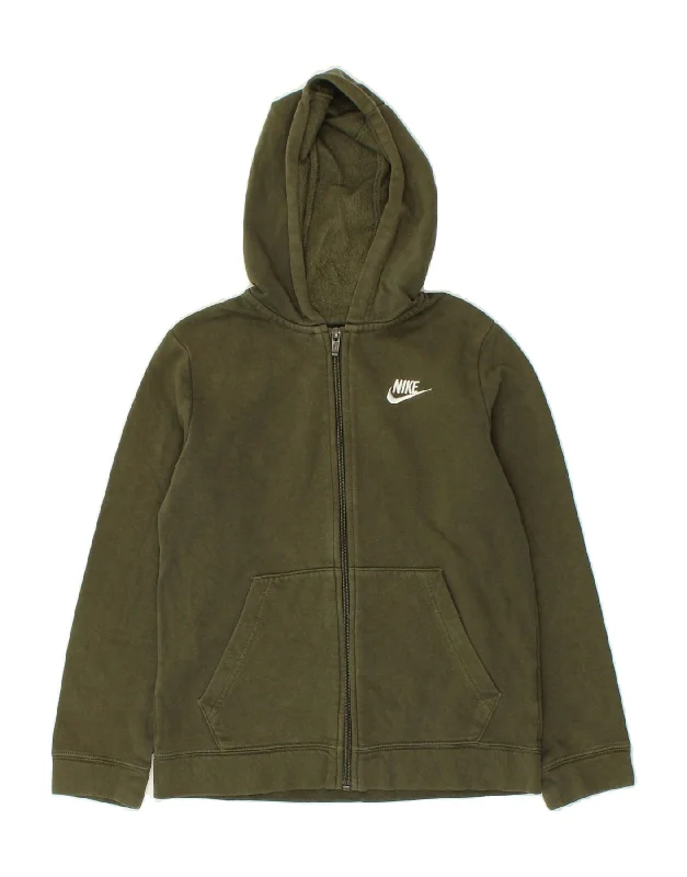 men's v-neck sweaters -NIKE Boys Standard Fit Zip Hoodie Sweater 10-11 Years Medium Khaki Cotton