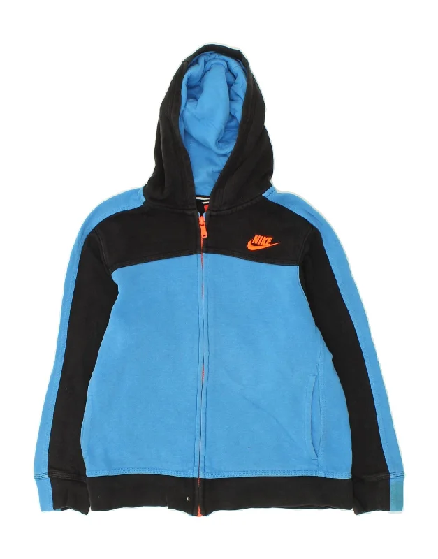 men's modern pullover sweaters -NIKE Boys Zip Hoodie Sweater 10-11 Years Medium Blue Colourblock Cotton